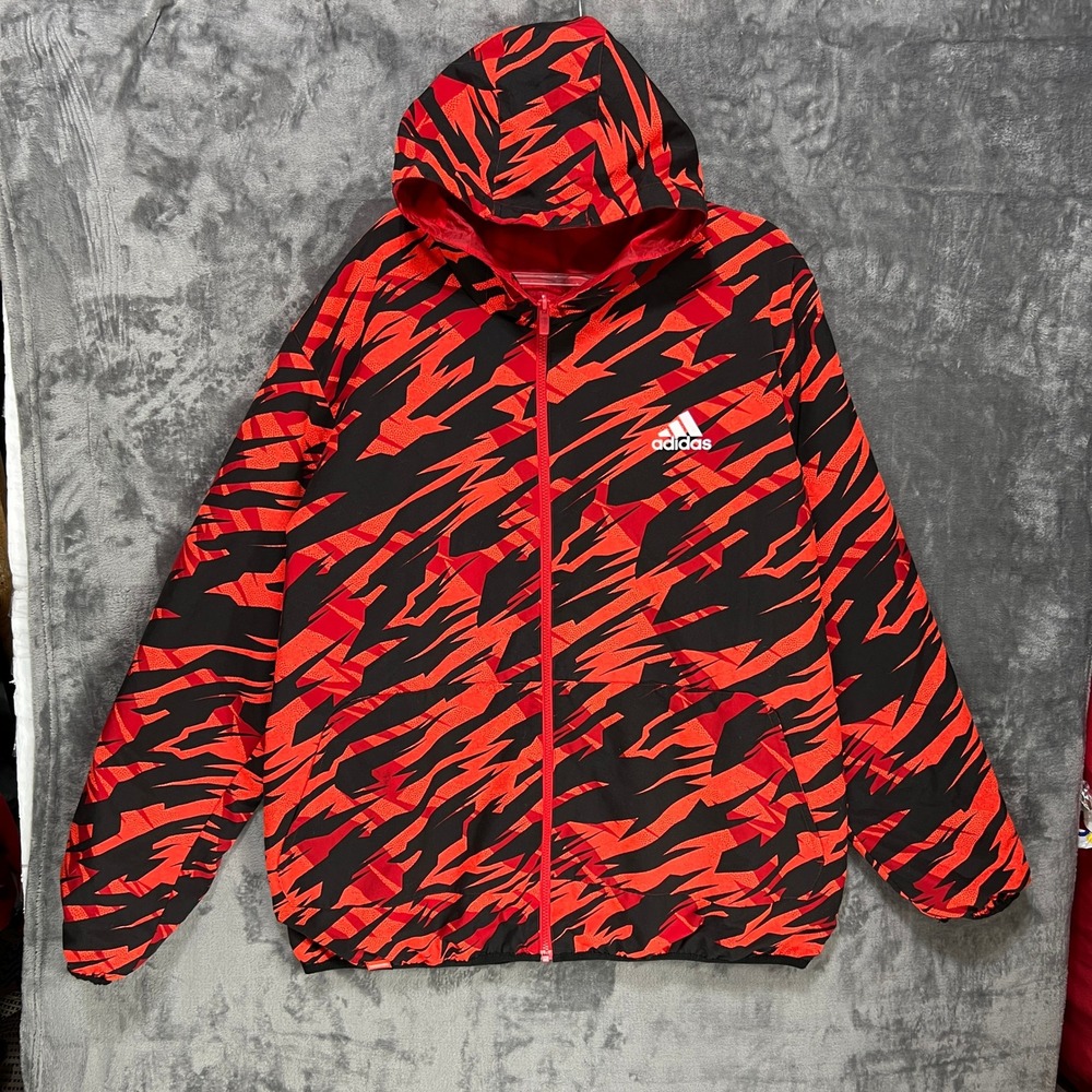 adidas Mens Reversible Windbreaker Jacket Hooded Red Black Tiger Camo Print XL